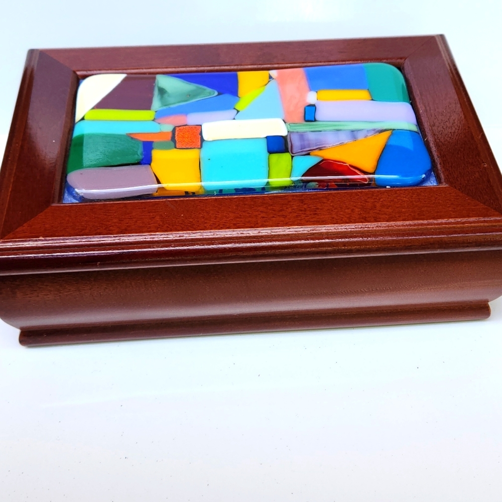 Vintage Wood Mosaic Glass Or Acrylic Trinket Jewelry Box